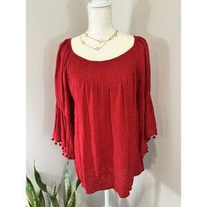 Women Top Shirt Size Large Pom Pom Bell Sleeves Red Feminine